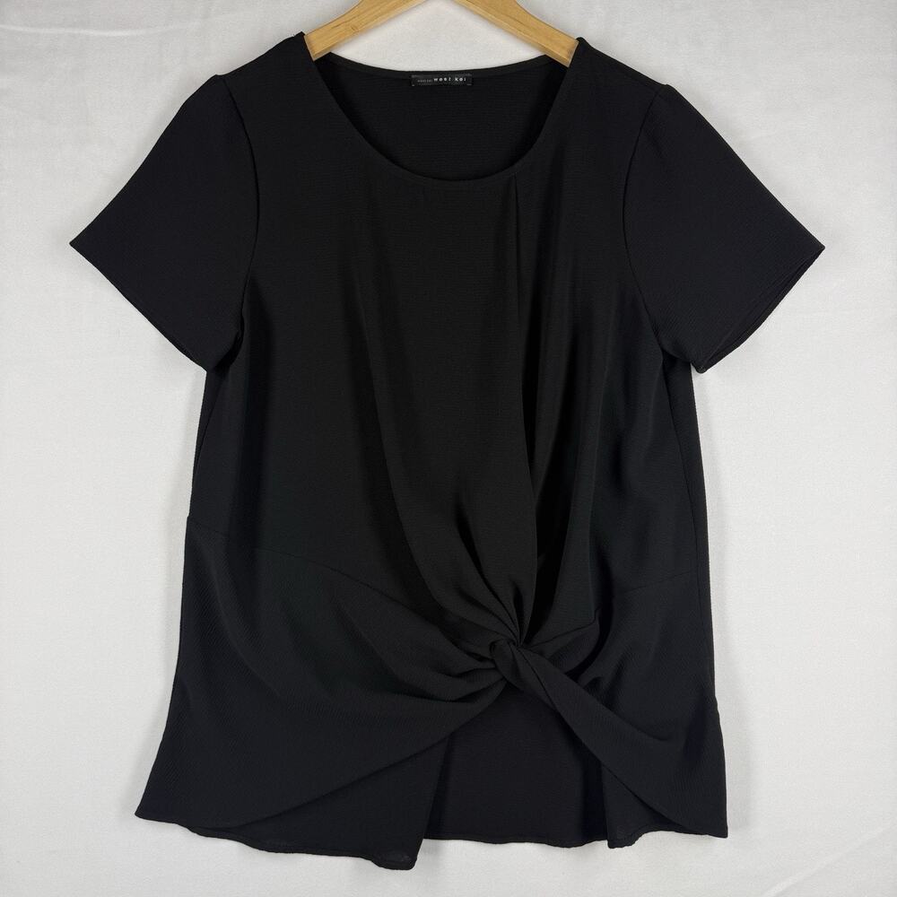 West Kei Womens Medium Black Twist Front Short Sleeve Blouse Stretch Made USA